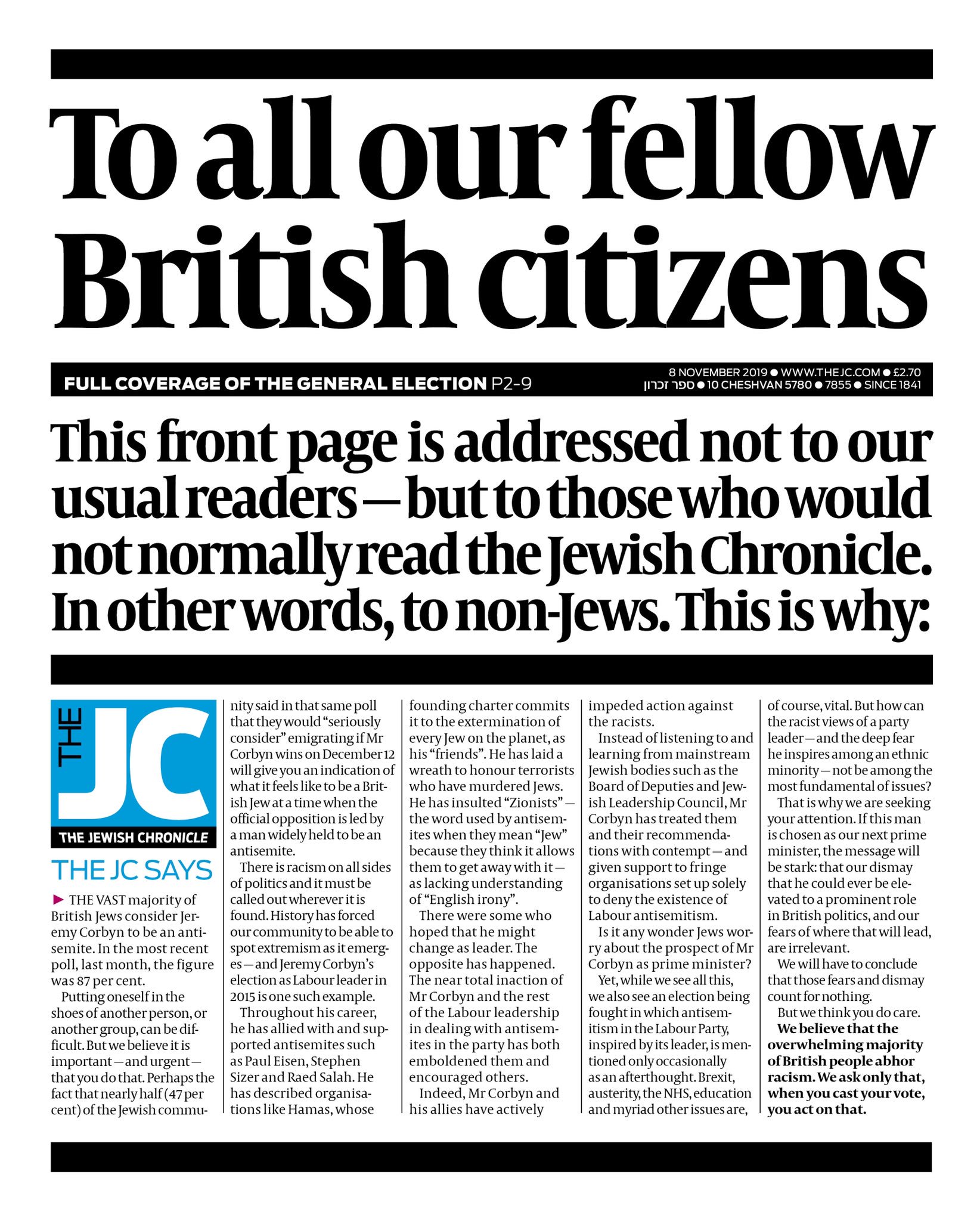 Why I warned non-Jews about Jeremy Corbyn on the front page of the Jewish Chronicle