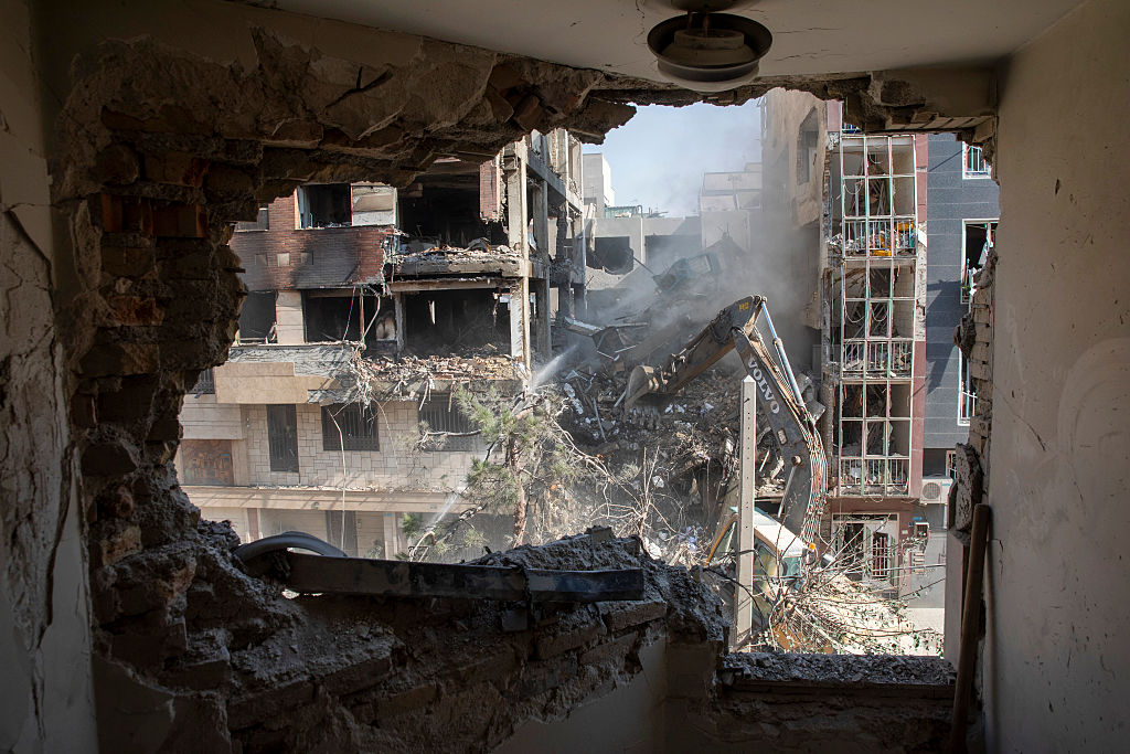 The view from a living room of a residential building that was destroyed in an attack by Israel on June 13, 2025 in Tehran, Iran. Early this morning, Iran was hit by a series of Israeli airstrikes targeting military and nuclear sites, as well as top military officials.