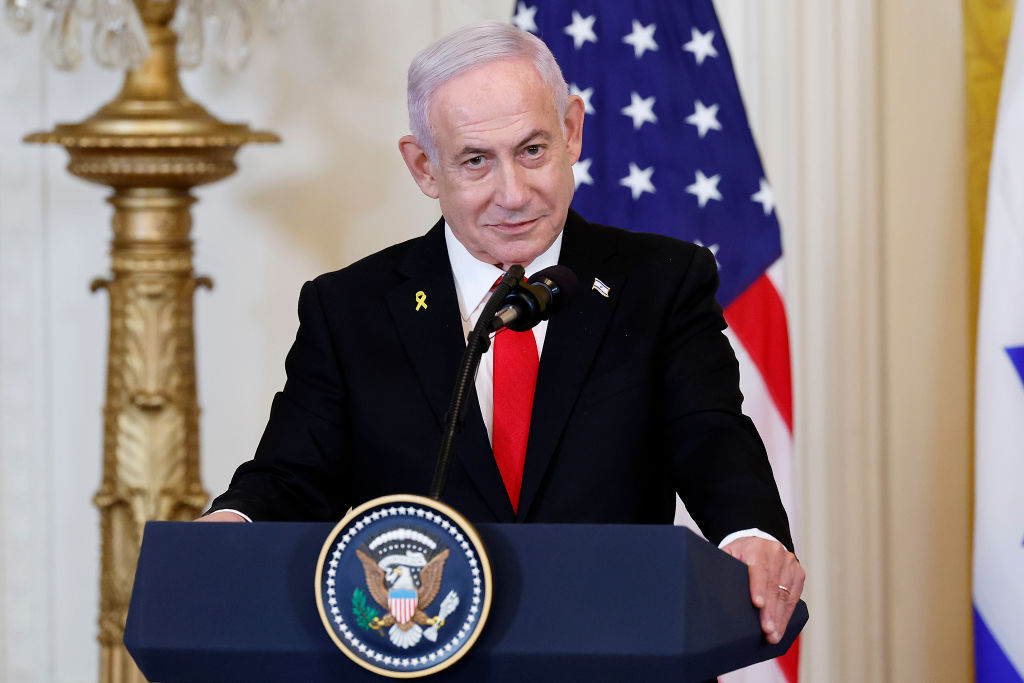 Israeli Prime Minister Benjamin Netanyahu speaks during a joint press conference with U.S. President Donald Trump held in the East Room of the White House on February 04, 2025 in Washington, DC. Netanyahu is the first foreign leader to visit Trump since he returned to the White House last month.