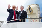 Donald Trump and Keir Starmer wave from the steps of Air Force One