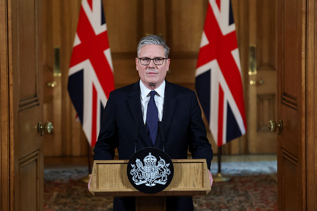 UK Prime Minister Keir Starmer delivers a statement inside No. 10 Downing Street on the day the cabinet was recalled to discuss the situation in Gaza, on July 29, 2025 in London, England.