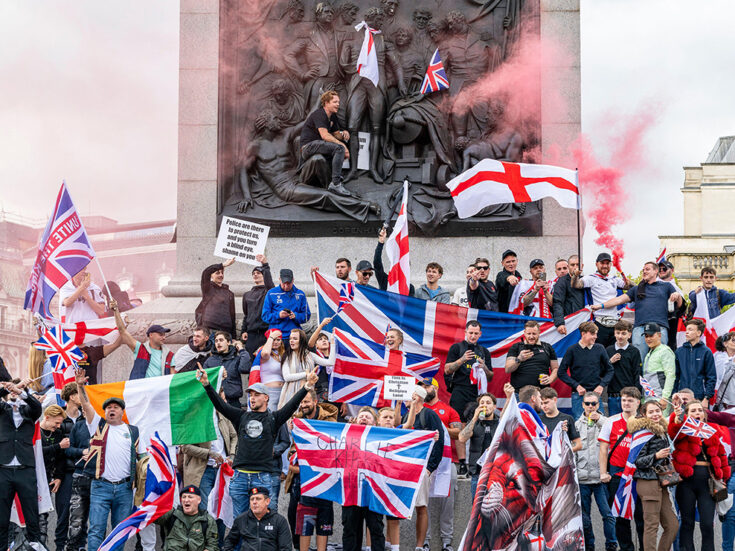 Far-right protesters cower behind motherhood