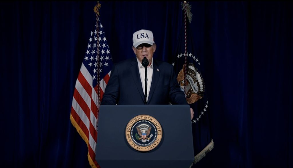 A screen grab from a video released on U.S. President Donald Trump’s Truth Social account shows Donald Trump making statements regarding combat operations on Iran on February 28, 2026 in Pal Beach, Florida, United States.