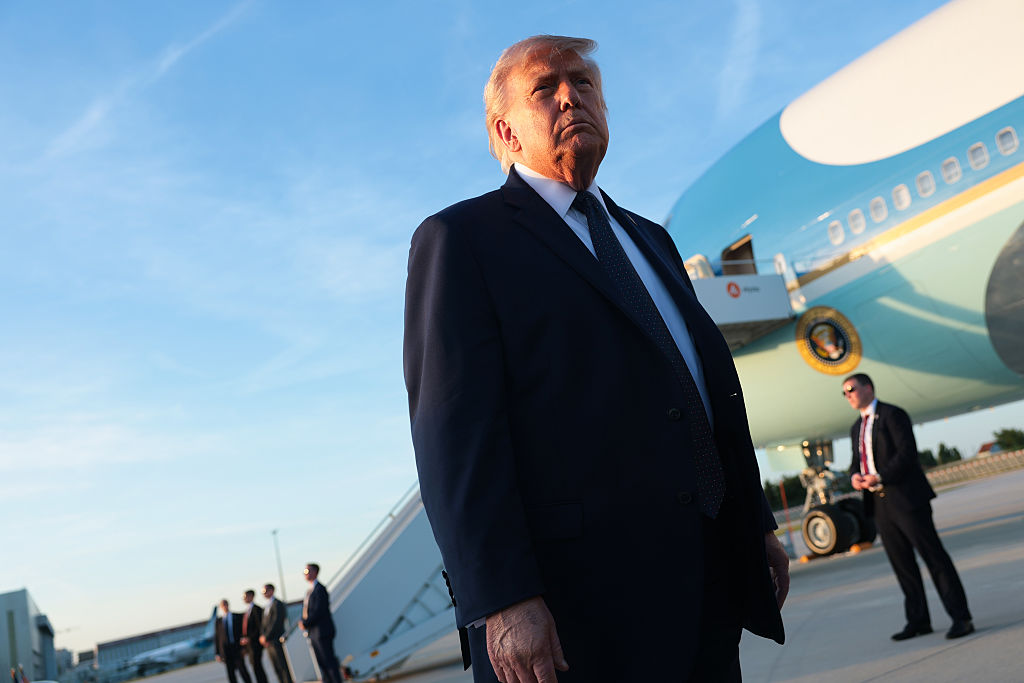 U.S. President Donald Trump walks to speak to reporters as he arrives at Orly Airport to attend a dinner with French President Emmanuel Macron at Chateau de Versailles on June 17, 2026 in Orly, France. The dinner followed the conclusion of this week's Group of 7 (G7) summit in Evian, France.